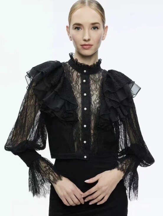 Alice + Olivia Tops - Alice + Olivia DELPHA RUFFLE LACE BLOUSON SLEEVE CROPPED TOP5